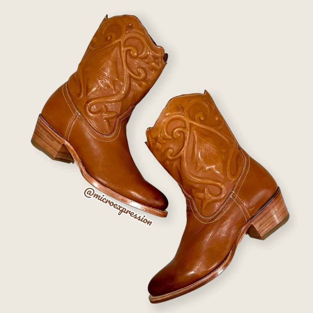 $399 Frye Floral Botanical Leaf Vine Cognac Brown Leather Cowboy Western Boot - Picture 14 of 15